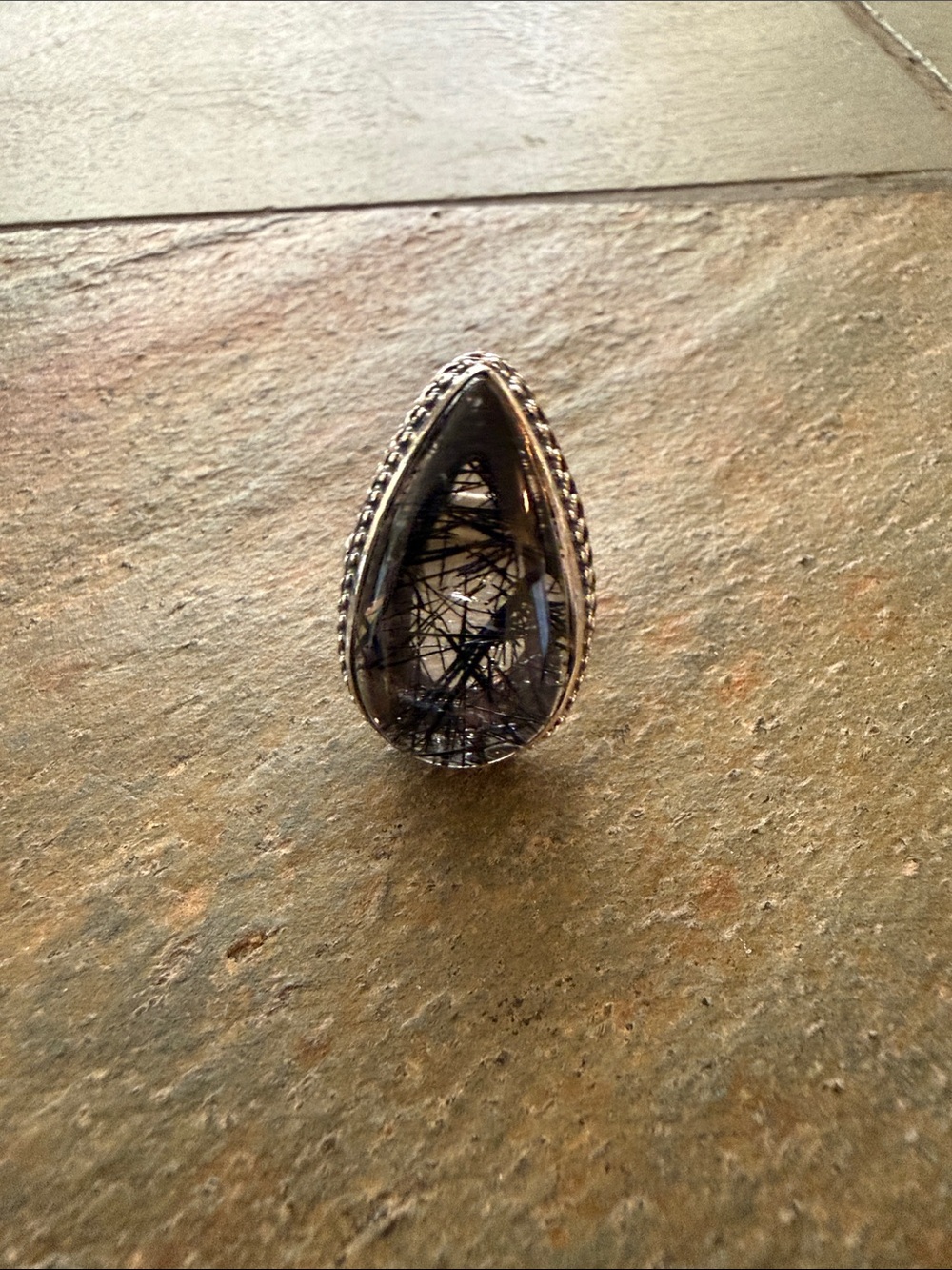 Sterling Silver Teardrop Rutilated Quartz Ring - Black Needle Inclusions - NEW!